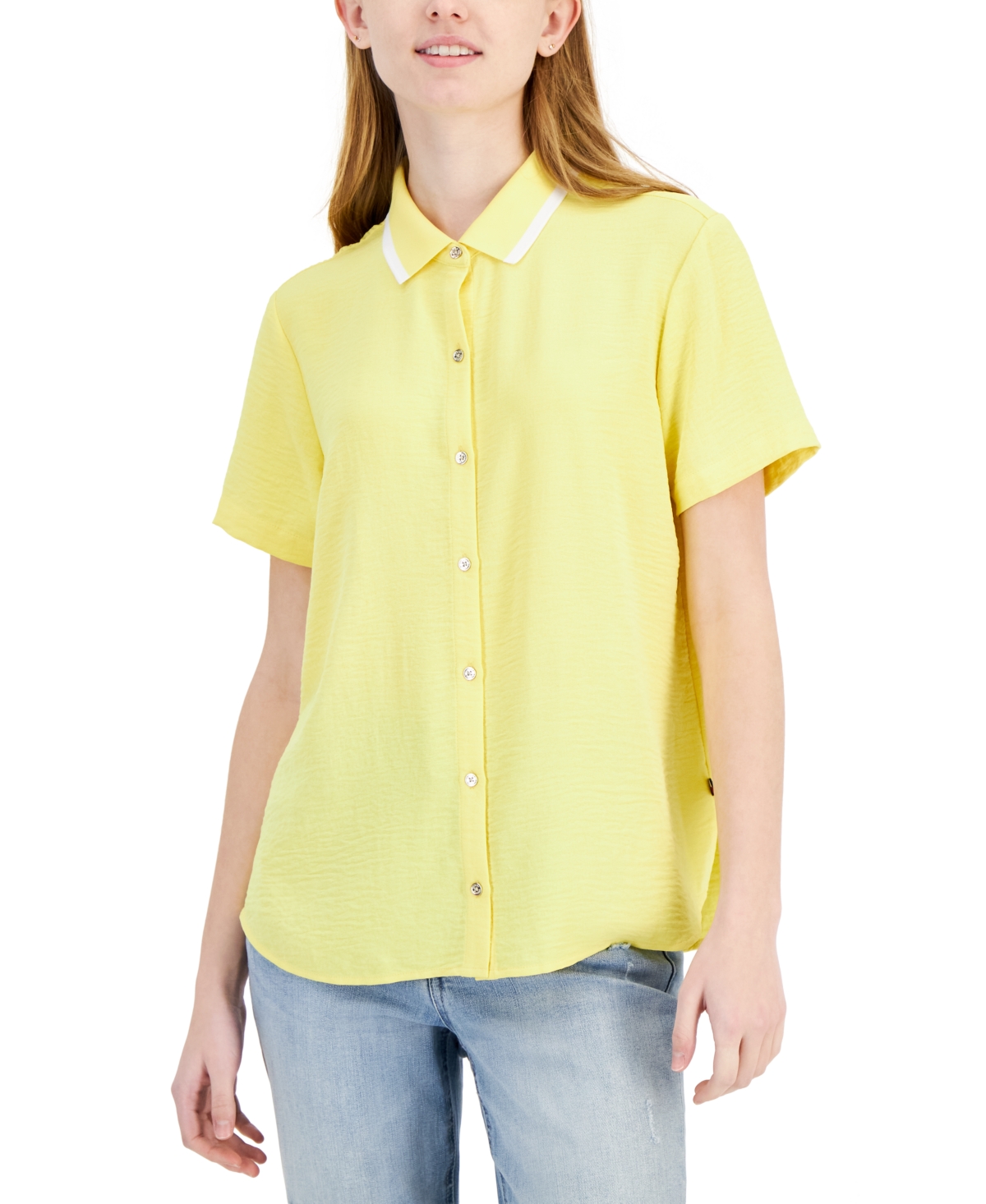 Shop Tommy Hilfiger Women's Ribbed-collar Short-sleeve Shirt In Yellow