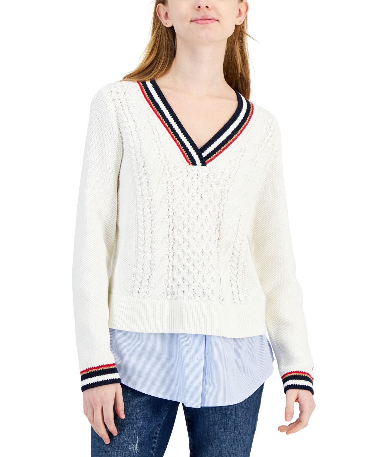 Women's Cable-Knit Layered-Look Sweater - White