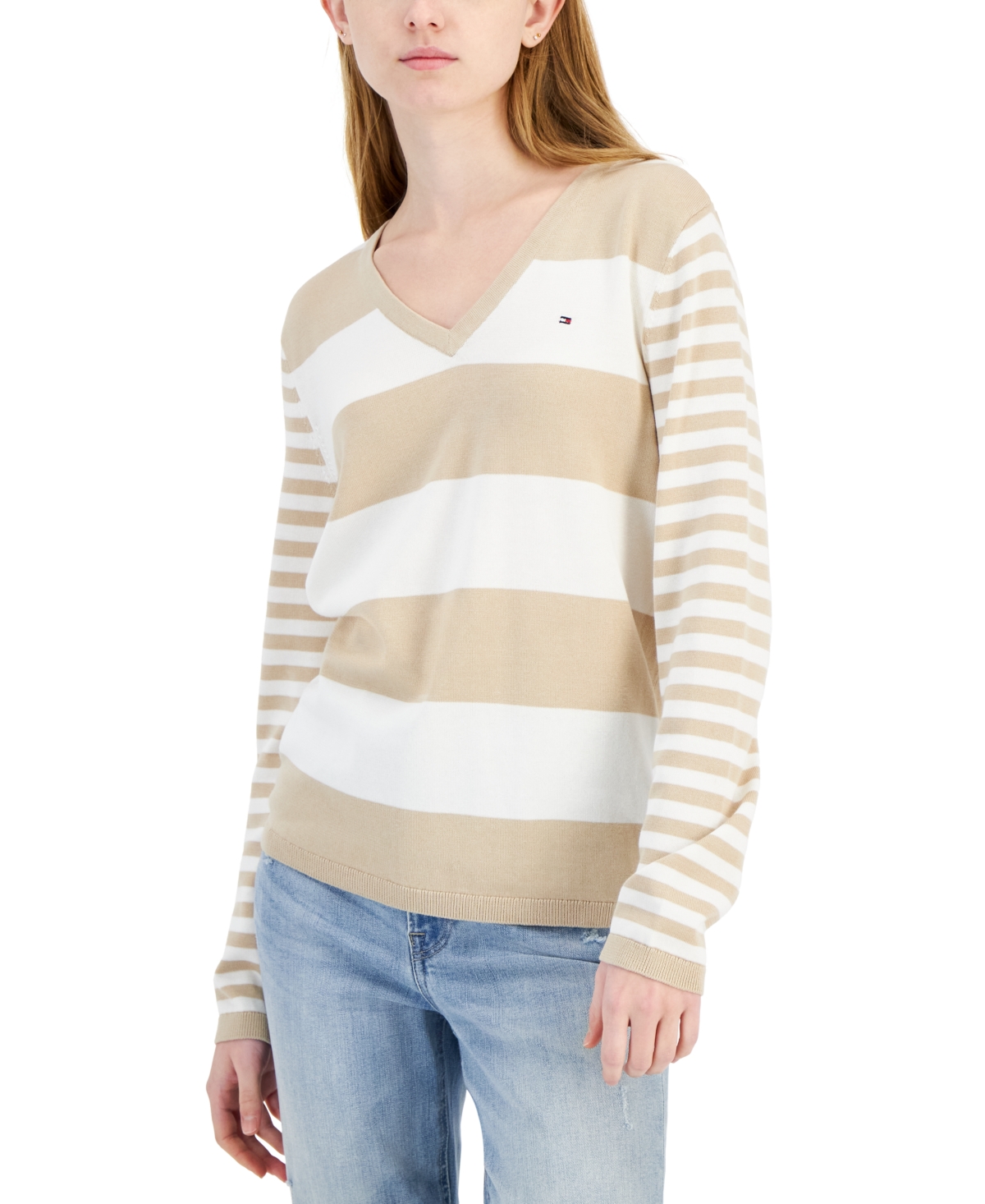 Women's Mixed-Stripe V-Neck Sweater - Med Brown