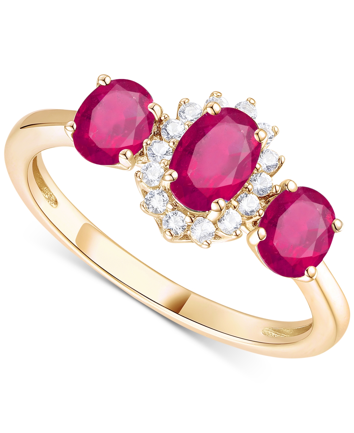 Emerald (1-1/8 ct. t.w.) & Diamond (1/8 ct. t.w.) Triple Oval Halo Ring in 14k Gold (Also & Sapphire) - Ruby