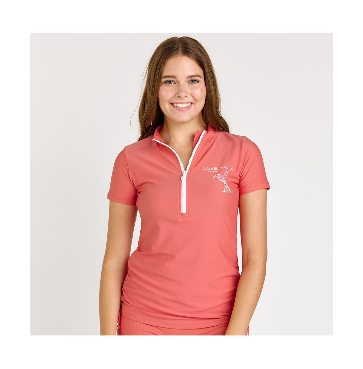 Calypsa Women's Half-Zip Adele Swim Top - Like a fish in the sea - rust