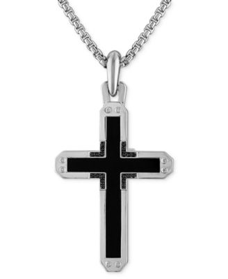 Bulova - Sterling Silver Black Onyx & Black Diamond Cross Pendant Necklace, 24" + 2" extender