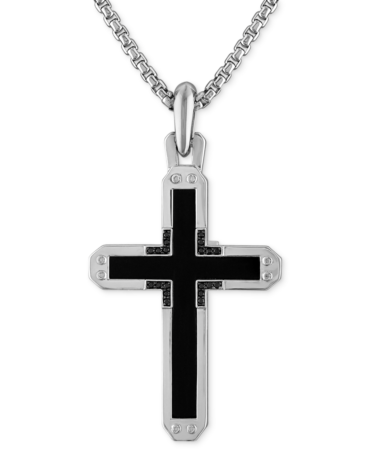 Bulova Sterling Silver Black Onyx & Black Diamond Cross Pendant Necklace, 24" + 2" Extender In Silver Tone