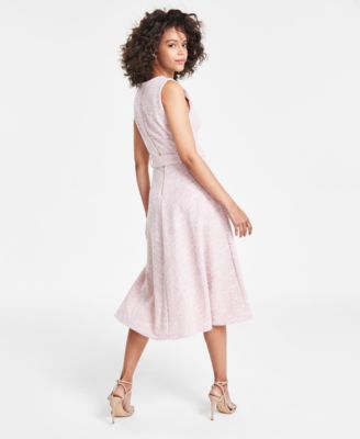 Women's Jewel-Neck Sleeveless Belted Tweed Midi Dress