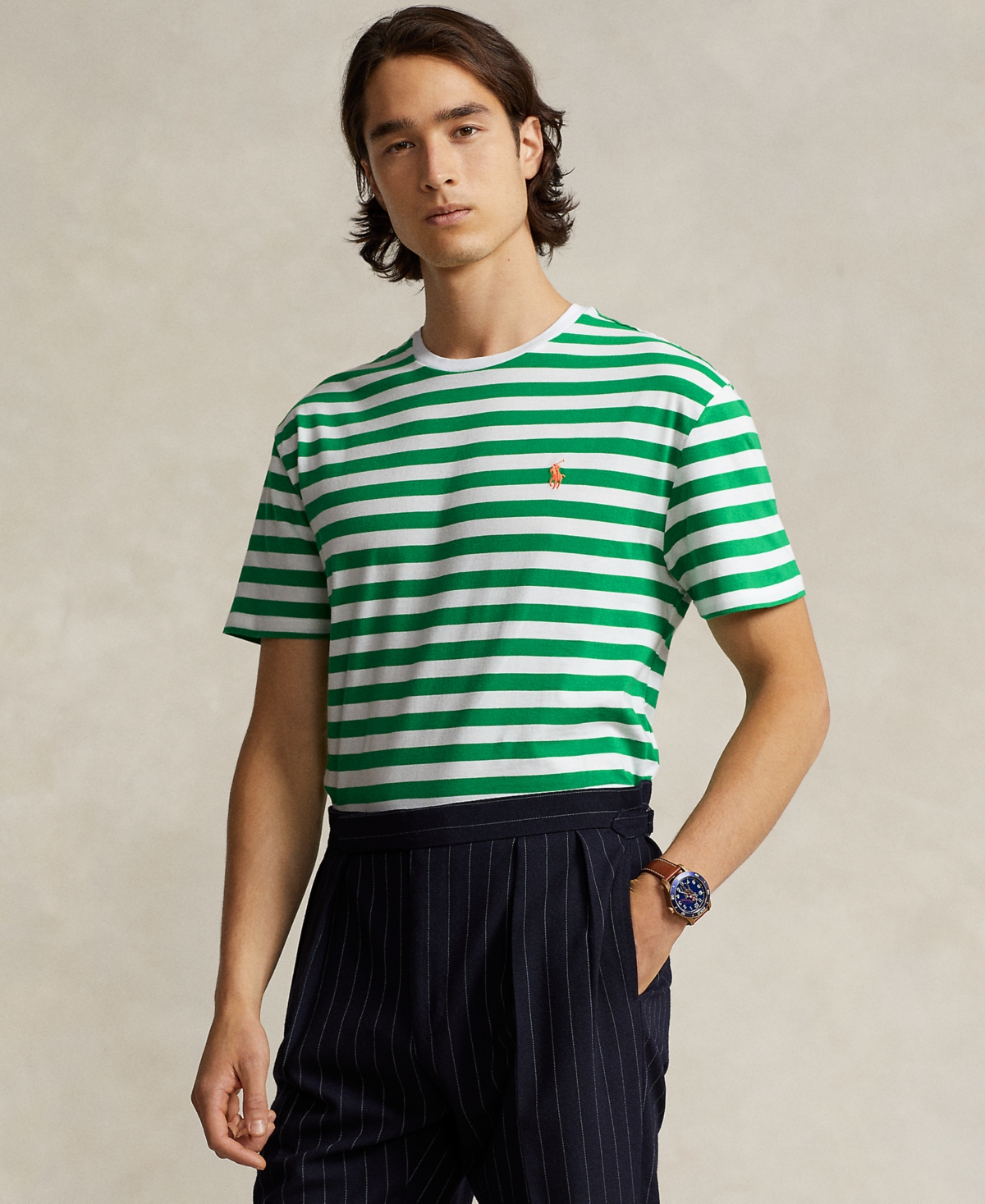 Polo Ralph Lauren Men's Striped Jersey Crewneck T-shirt In Preppy Green,white