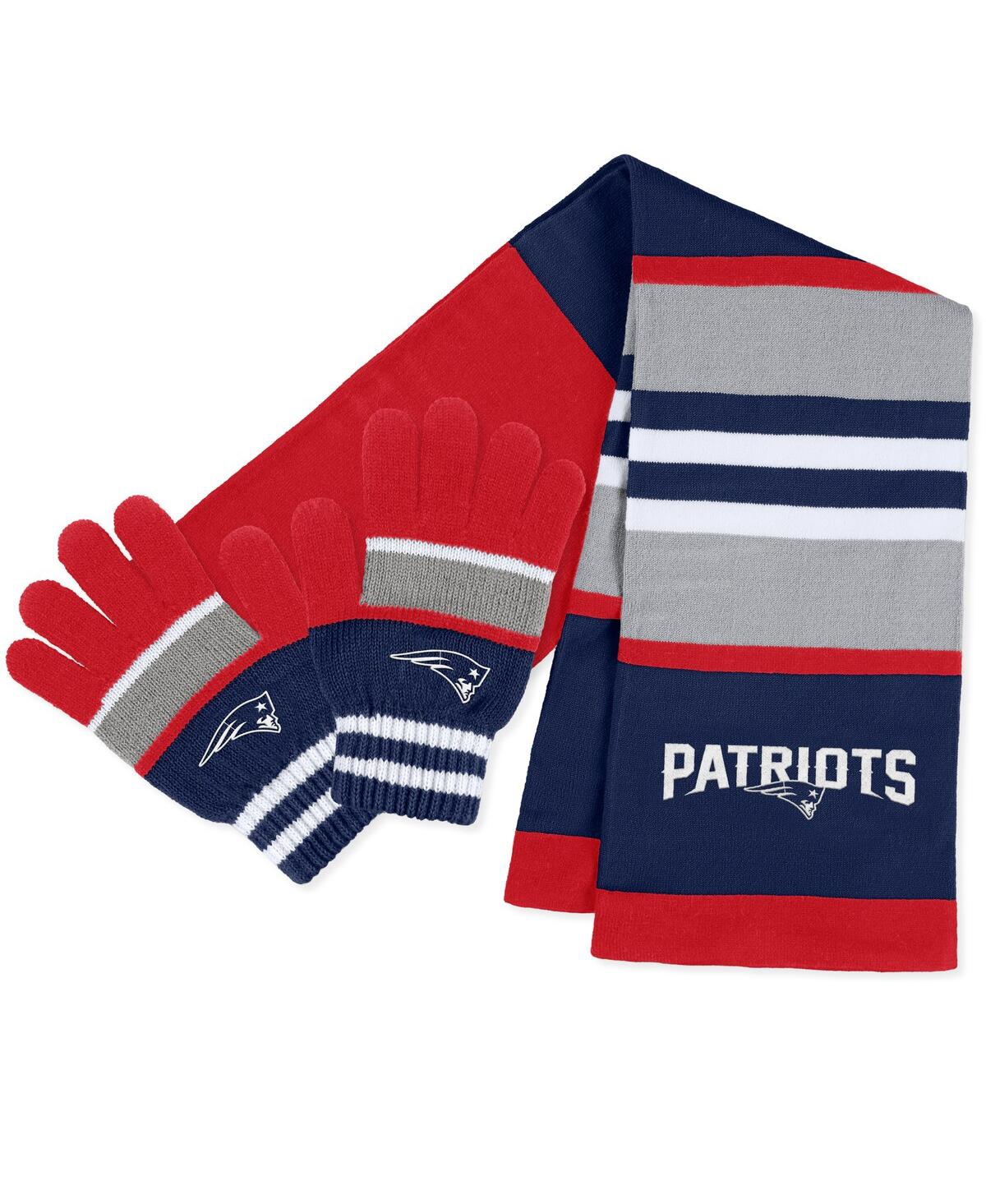Wear By Erin Andrews Women's  New England Patriots Stripe Glove And Scarf Set In Red,navy