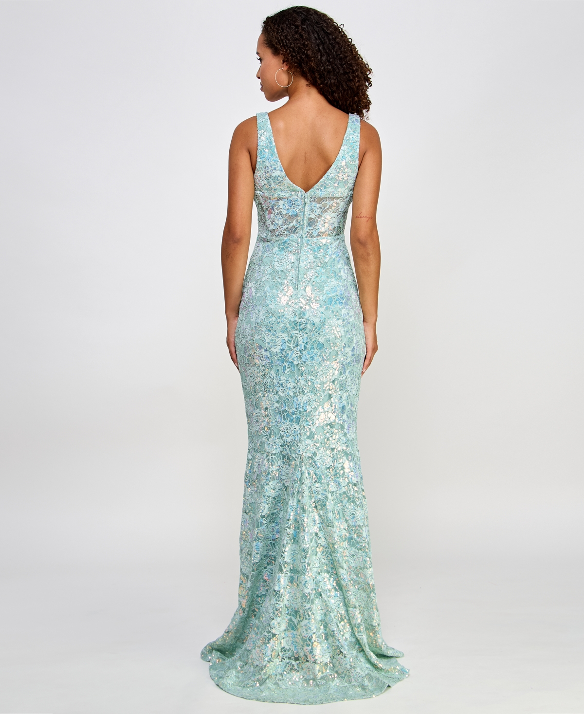Shop City Studios Juniors' Embellished Lace Square-neck Gown In Seafoam
