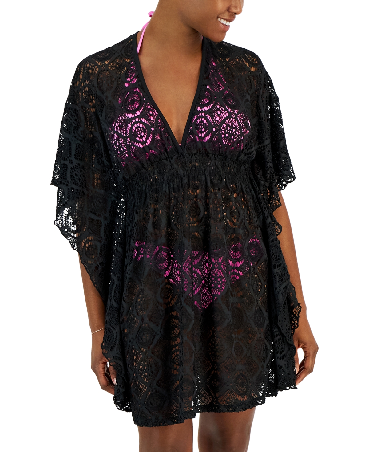 Women's Plunge-Neck Lace Kimono Cover-Up, Created for Macy's - Black