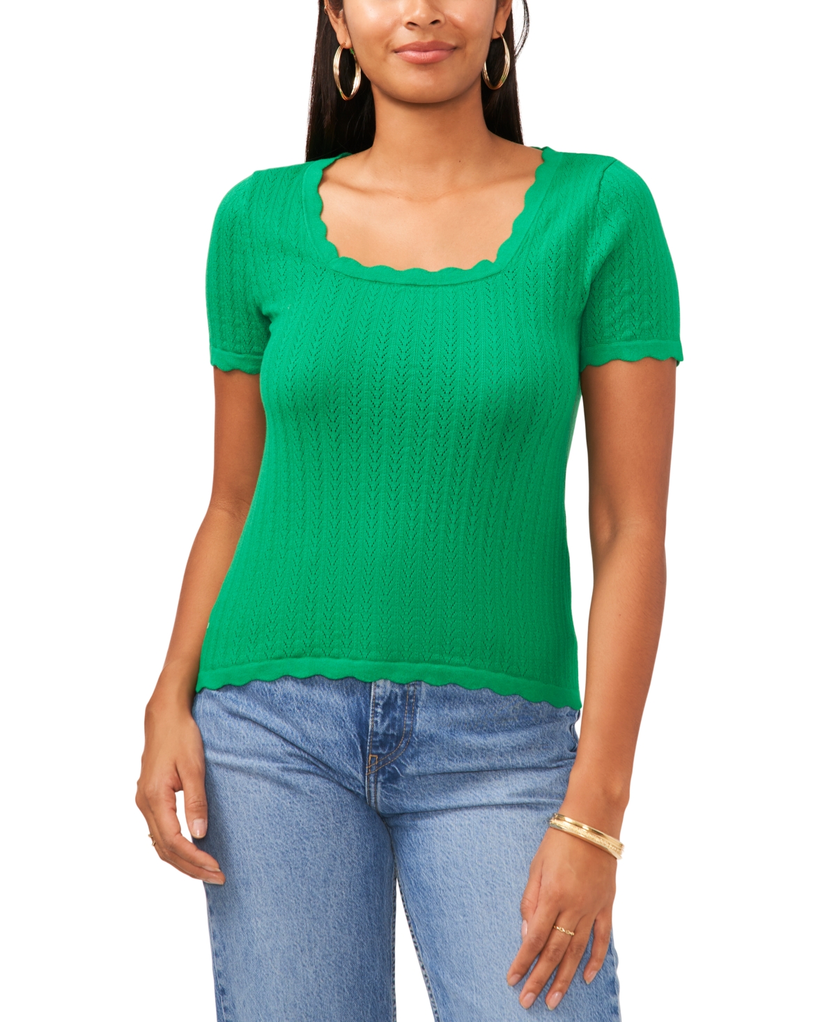 Women's Pointelle Short-Sleeve Sweater - Jolly Green