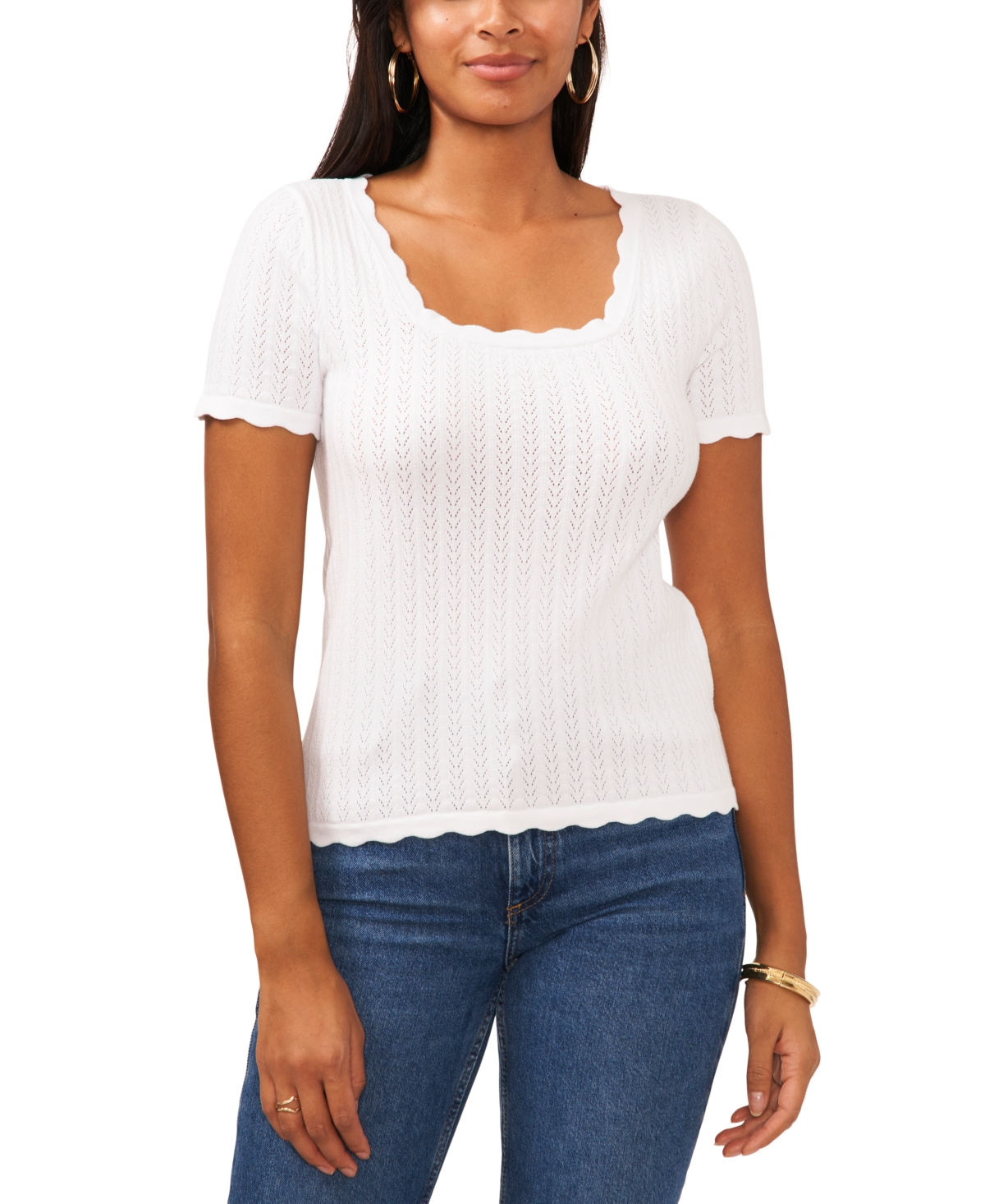 Shop Sam & Jess Women's Pointelle Short-sleeve Sweater In Bright White