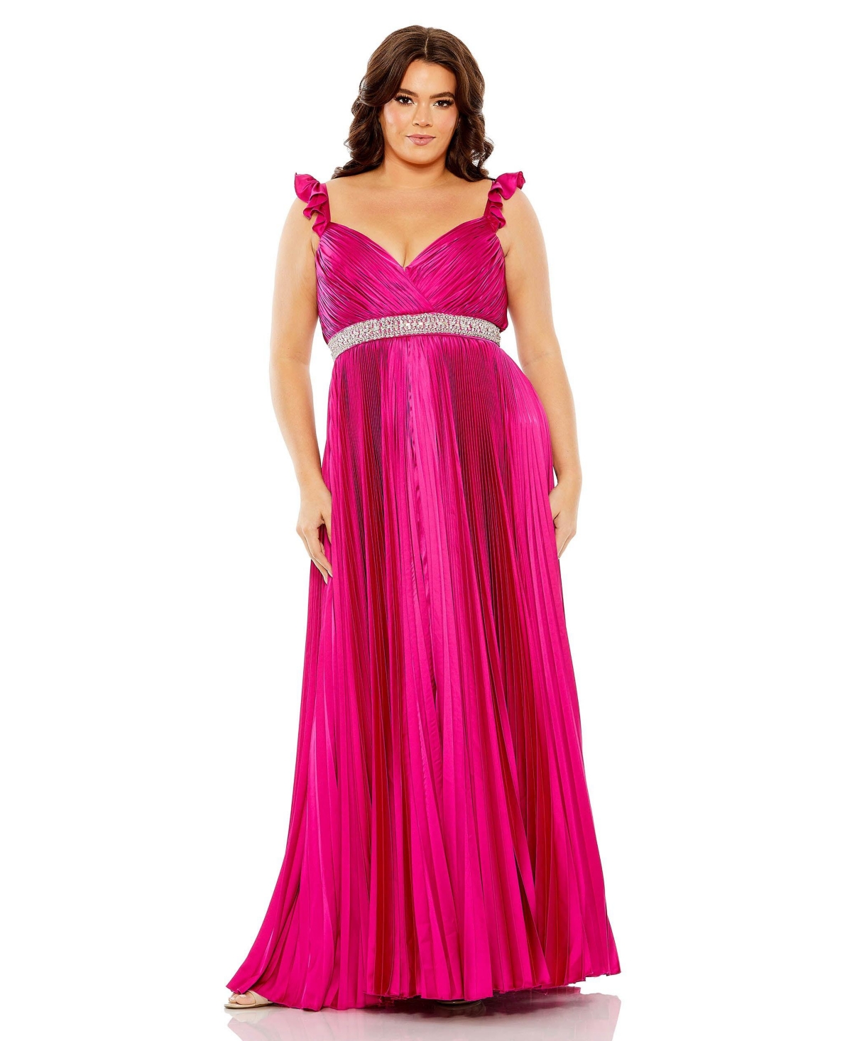 MAC DUGGAL PLUS SIZE EMBELLISHED WAIST FLUTTER SLEEVE PLEATED GOWN