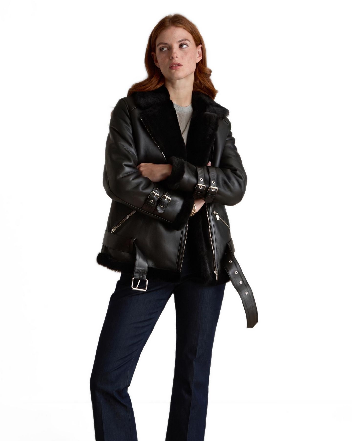 Женская куртка Furniq UK Harriet Sheepskin Belted Biker Aviator, цвет: Чёрный — фото 3