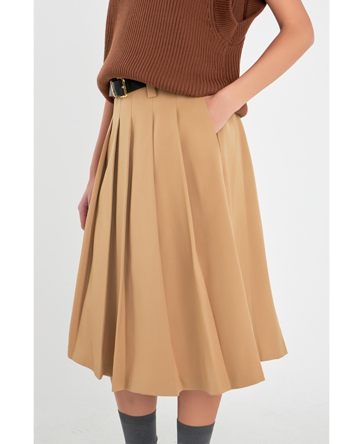 Women's Low Waist Pleated Midi Skirt - Tan
