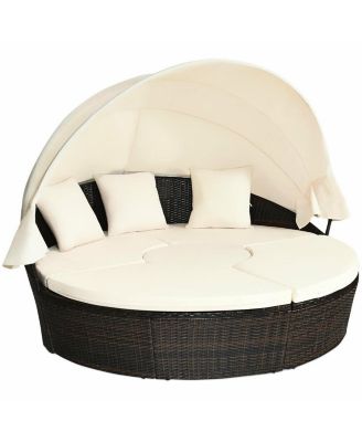 Patio Rattan Daybed Cushioned Sofa with Adjustable Table Top and 3 Pillows