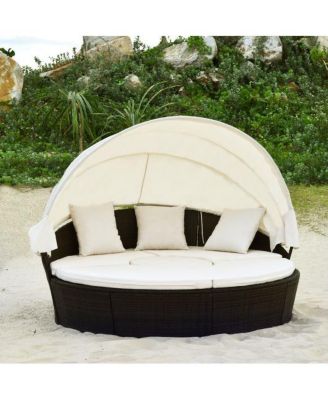 Patio Rattan Daybed Cushioned Sofa with Adjustable Table Top and 3 Pillows