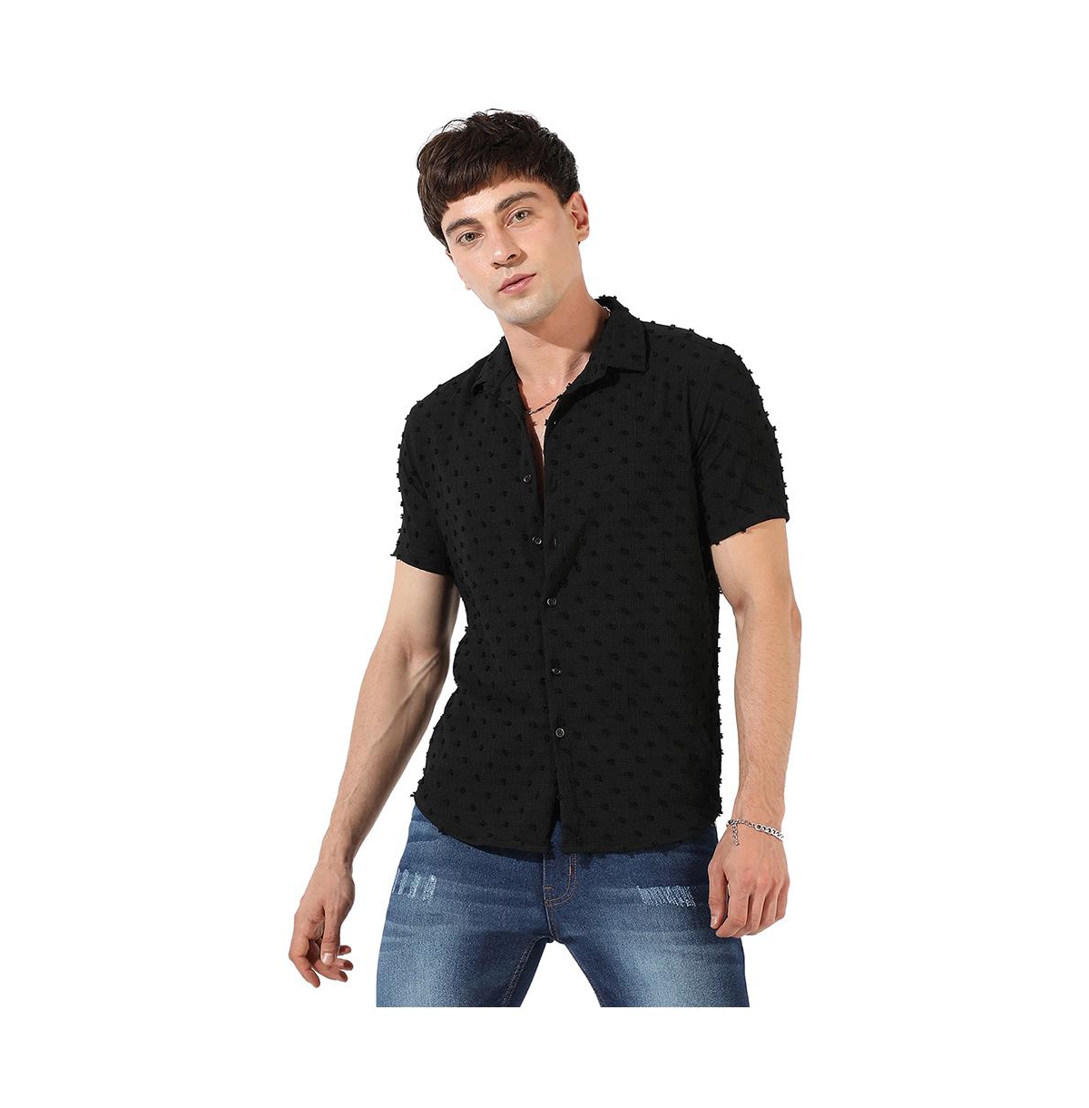 Men's Jet Black Self-Design Pom-Pom Shirt - Jet black