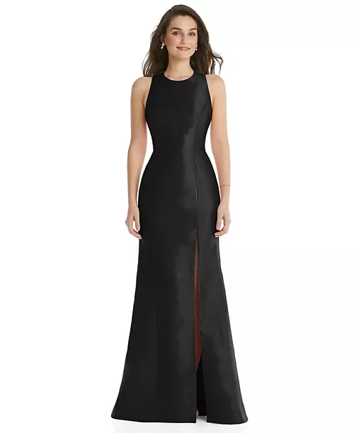 womens jewel neck bowed open-back trumpet dress with front slit