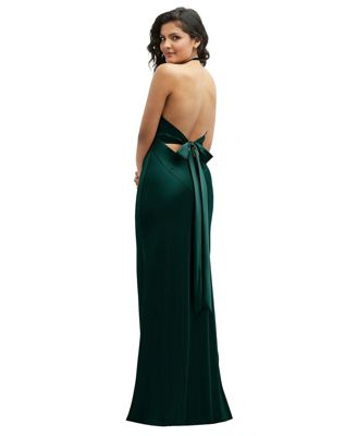 Plunge Halter Open-Back Maxi Bias Dress with Low Tie Back