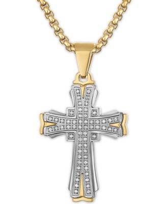 Macy's - Men's Diamond Cross 22" Pendant Necklace (1/3 ct. t.w.) in Stainless Steel and Gold-Tone Ion-Plate