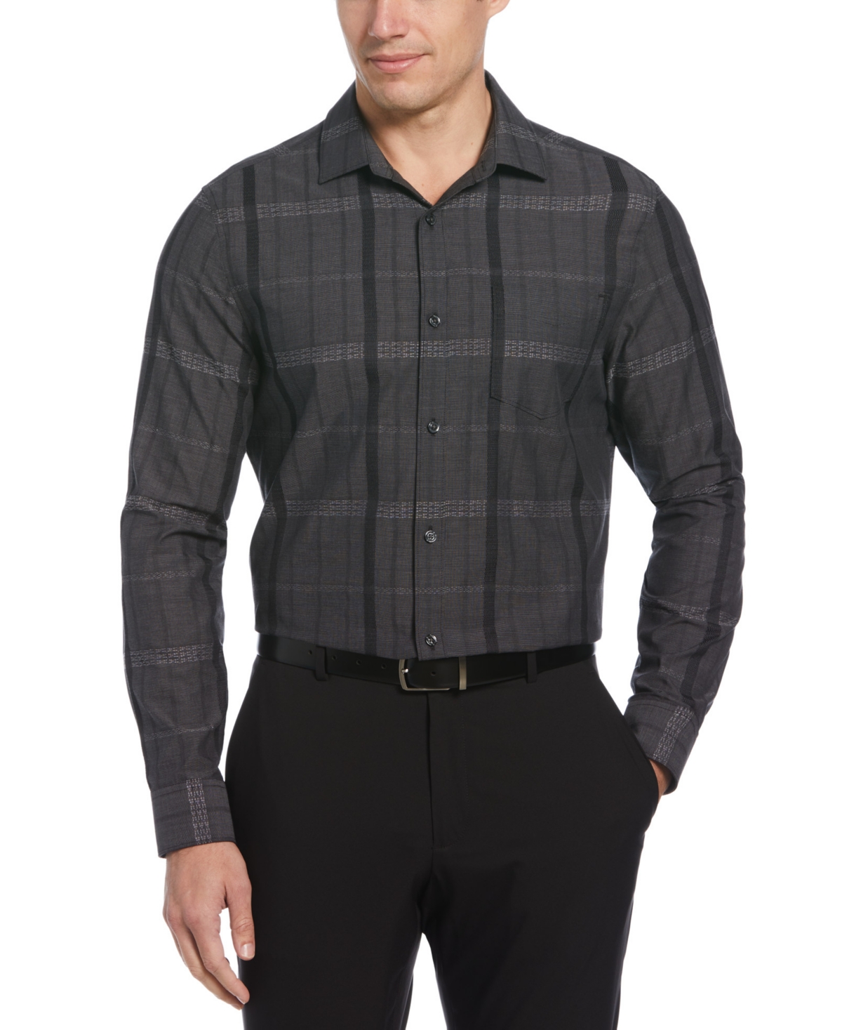 Shop Perry Ellis Men's Cotton Tonal Jacquard Plaid Button Shirt In Black