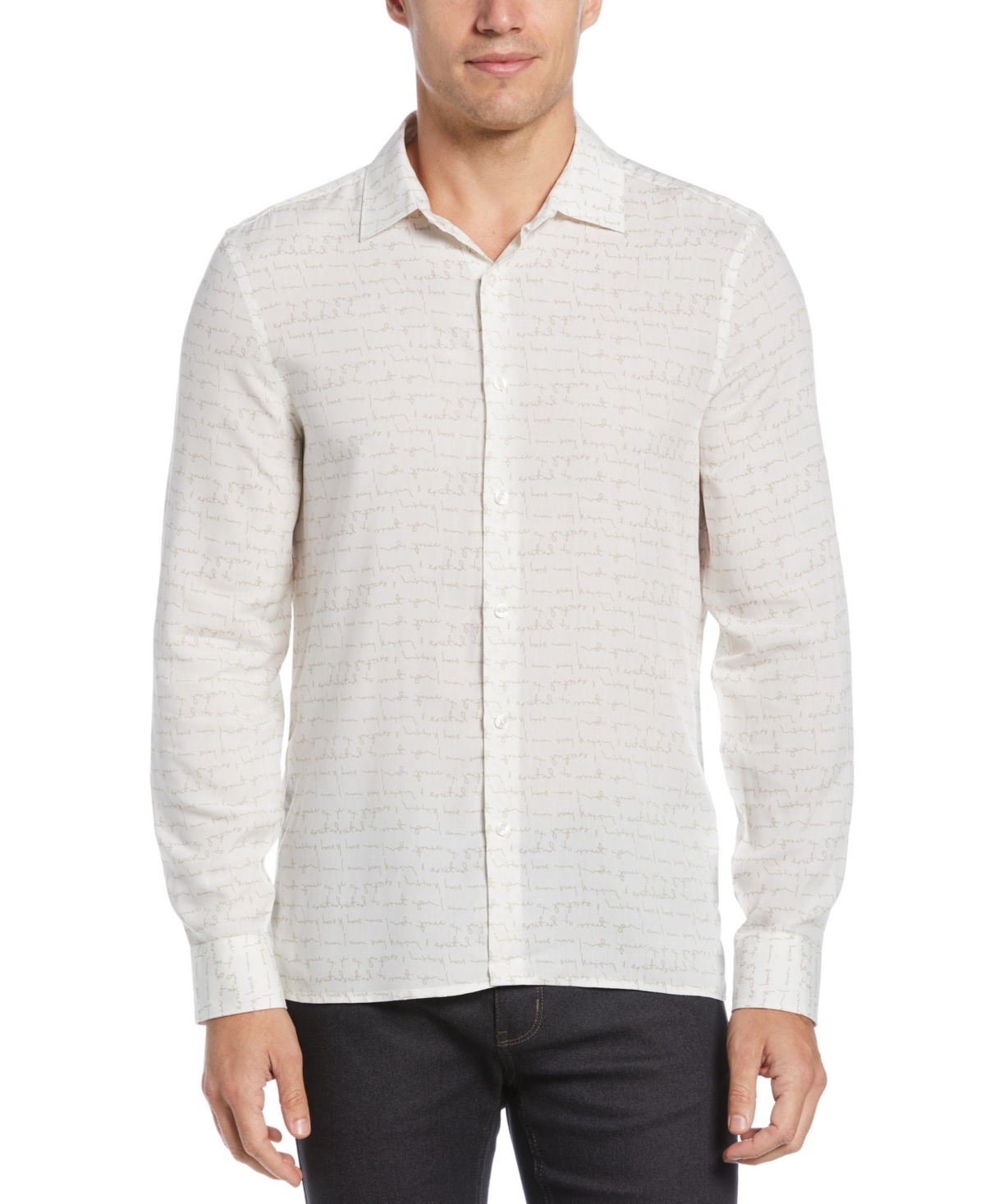 Perry Ellis Men's Writing Print Long-sleeve Button Shirt In Bright White