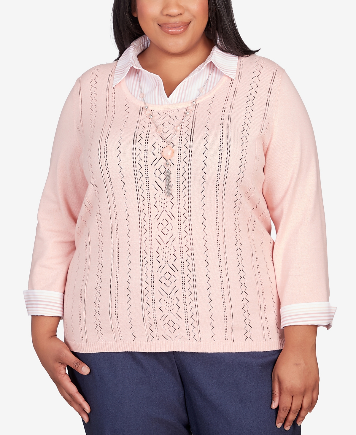 Shop Alfred Dunner Plus Size A Fresh Start Stripe Collar Layered Two In One Sweater With Necklace In Apricot
