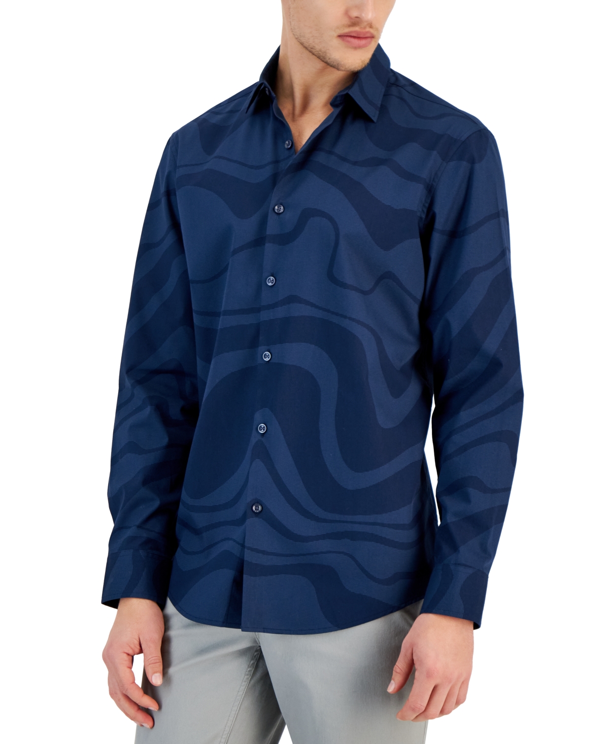 Shop Alfani Men's Ocean Wave Regular-fit Stretch Printed Button-down Shirt, Created For Macy's In Navy Steel