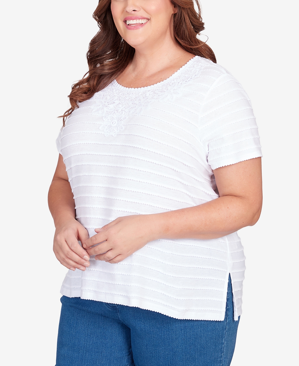 Alfred Dunner Plus Size Classic Neutrals Lace Neck Striped Split Hem T-shirt