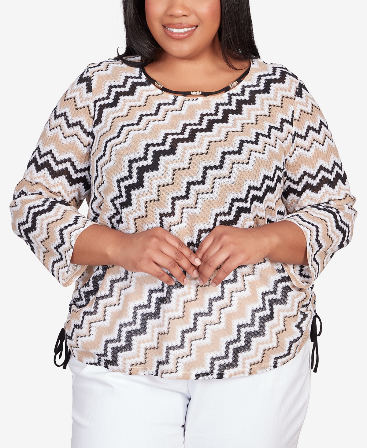Alfred Dunner Plus Size Classic Neutrals Shimmering Chevron 3/4 Sleeve Top In Multi