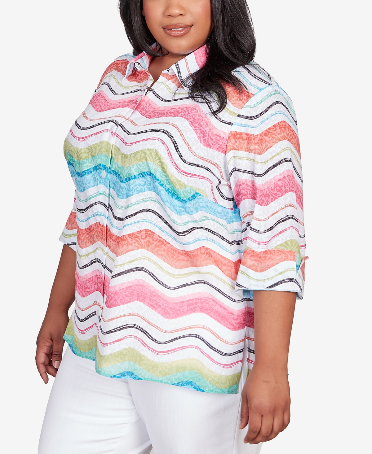 Alfred Dunner Plus Size Classic Brights Wavy Stripe Button Down Top