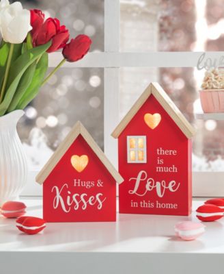 Lighted Valentine's Wooden House-Shaped Table Decor, Set of 2