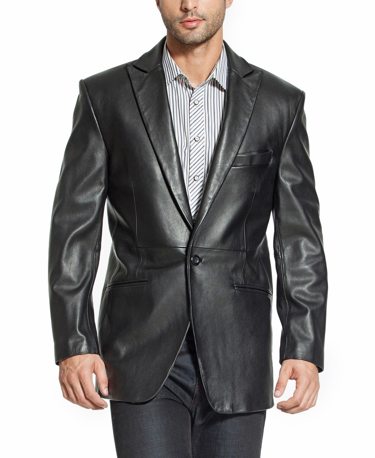Men One-Button Tuxedo Leather Blazer - Tall - Black
