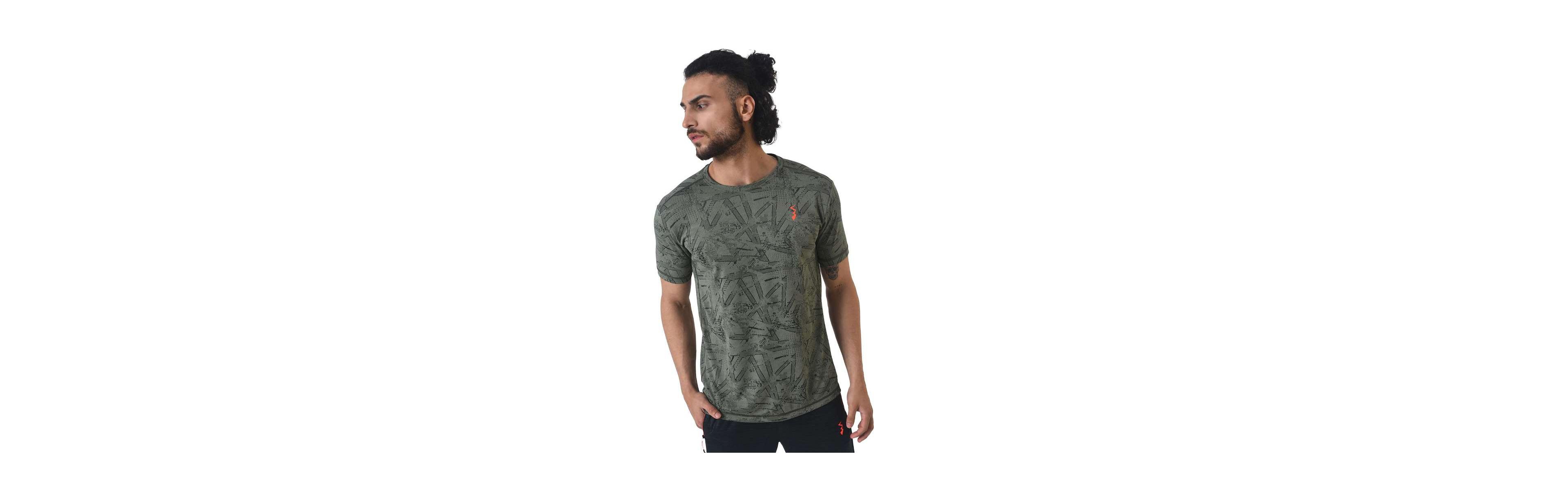 Campus Sutra Men's Olive Green Abstract Active wear T-Shirt