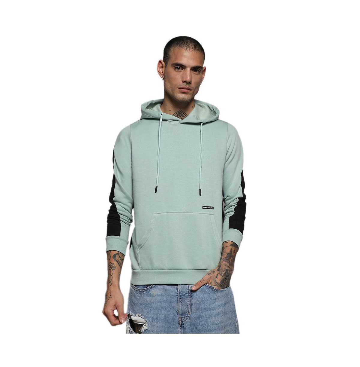 Men's Sage Green Pullover Hoodie With Contrast Back - Sage green