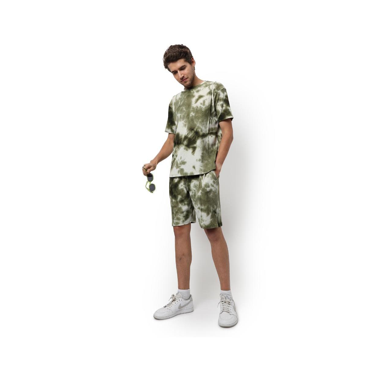 Men's Olive Green & White Tie-Dye Waffle Co-Ord Set - Multicolor