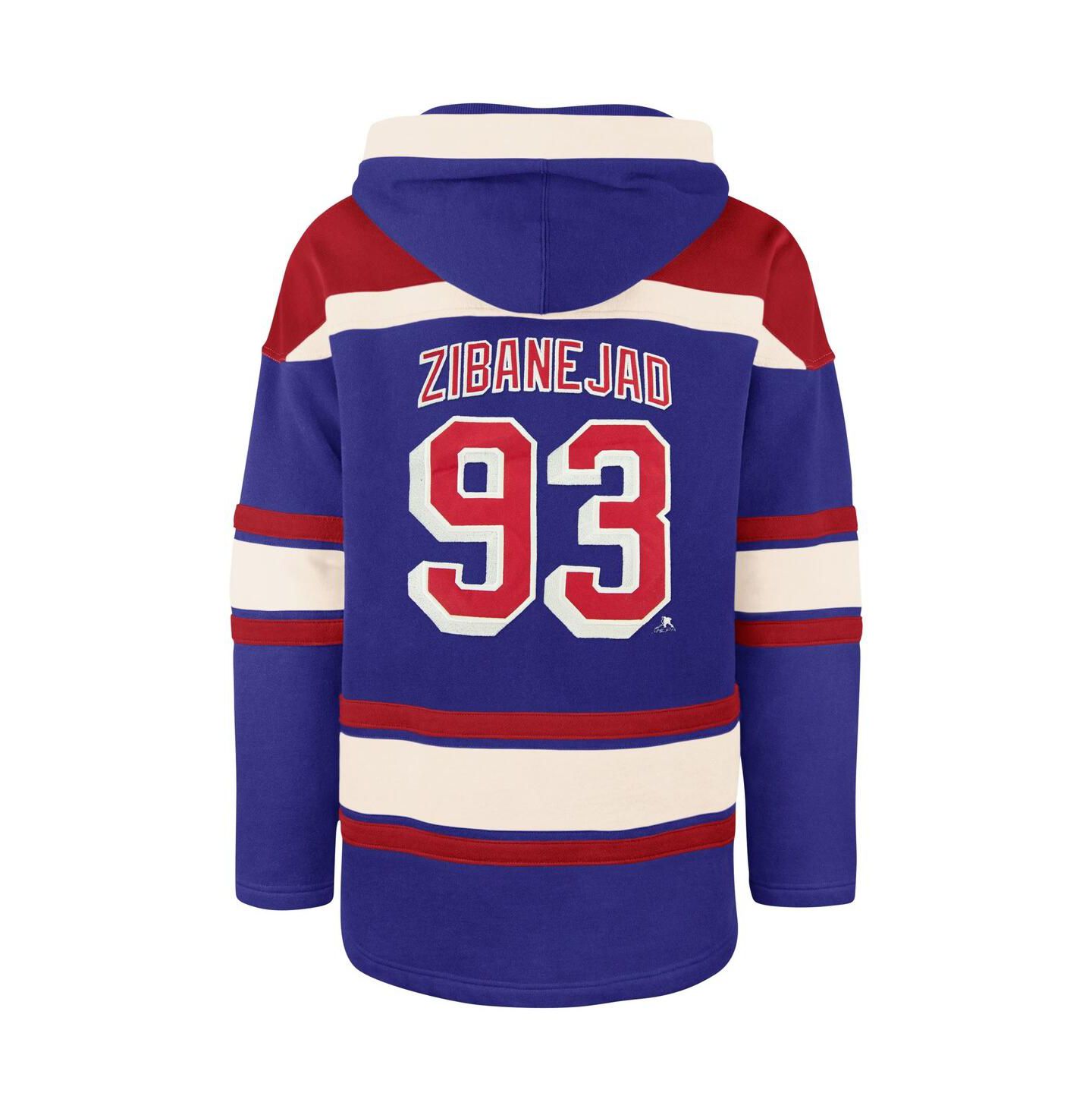 Мужское худи '47 Brand Mika Zibanejad Blue New York Rangers Player Name and Number Lacer Pullover — фото 3