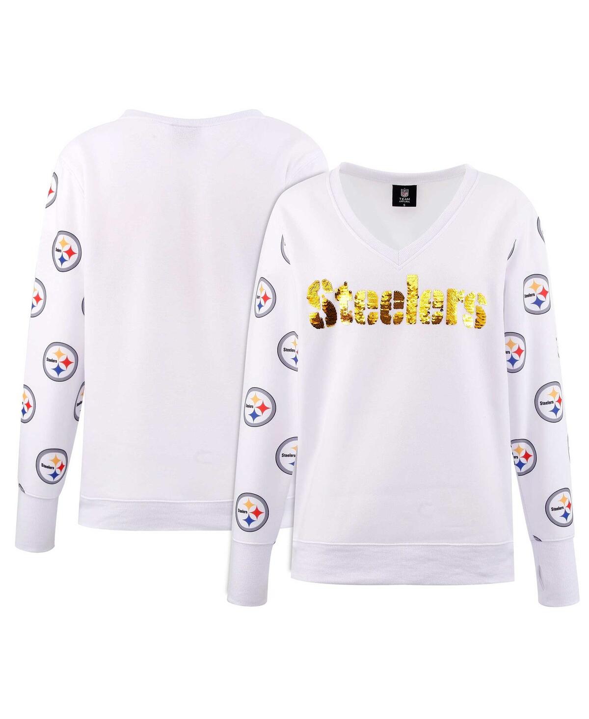Women's Cuce White Pittsburgh Steelers Sequin Fleece V-Neck T-shirt - White