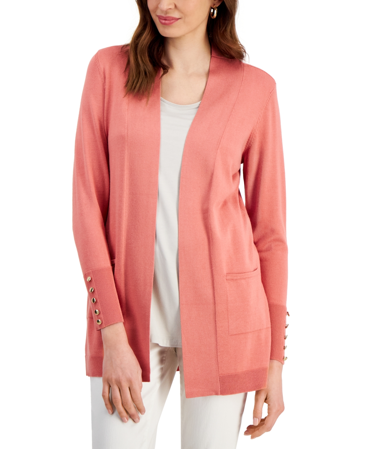 Petite Open-Front Button-Cuff Cardigan, Created for Macy's - Stonewall