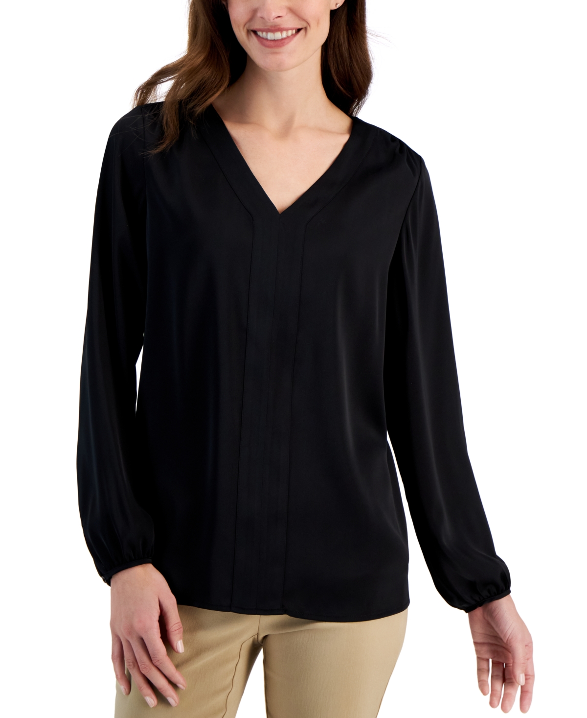 Jm Collection Women's Long Sleeve Satin V-neck Blouse, Created For Macy's In Deep Black