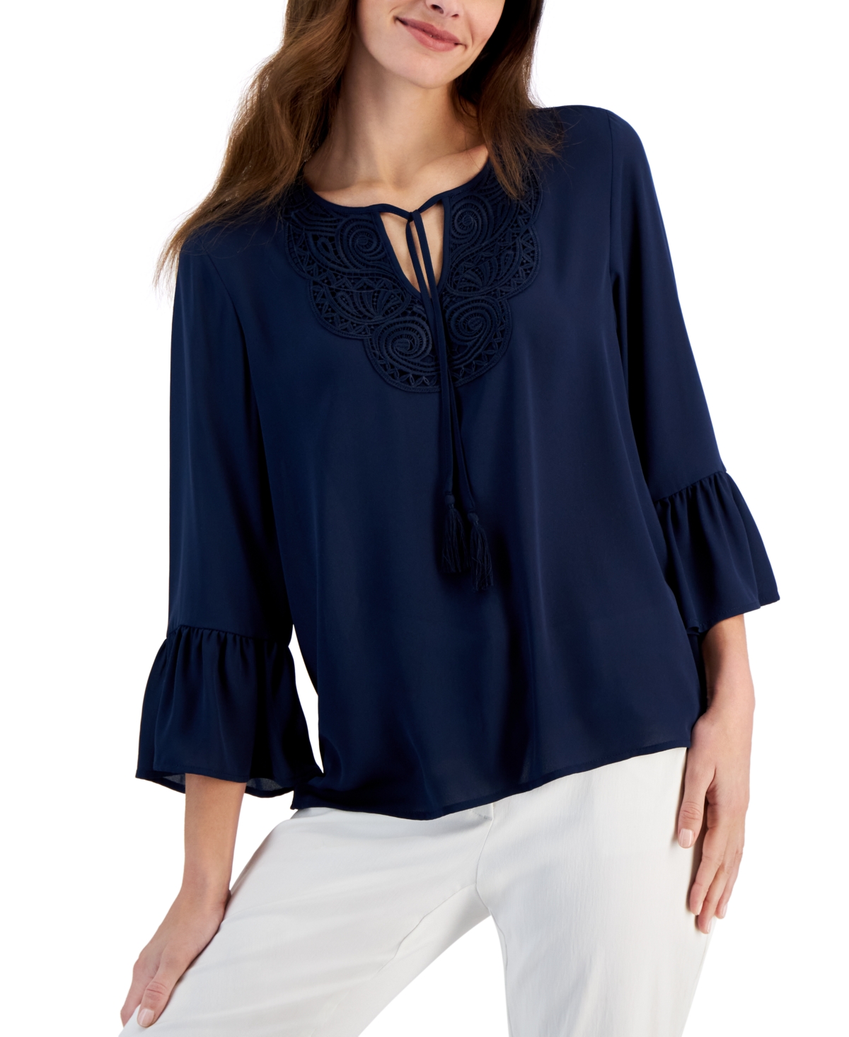 Shop Jm Collection Petite Lace-trim Bell-sleeve Top, Created For Macy's In Intrepid Blue
