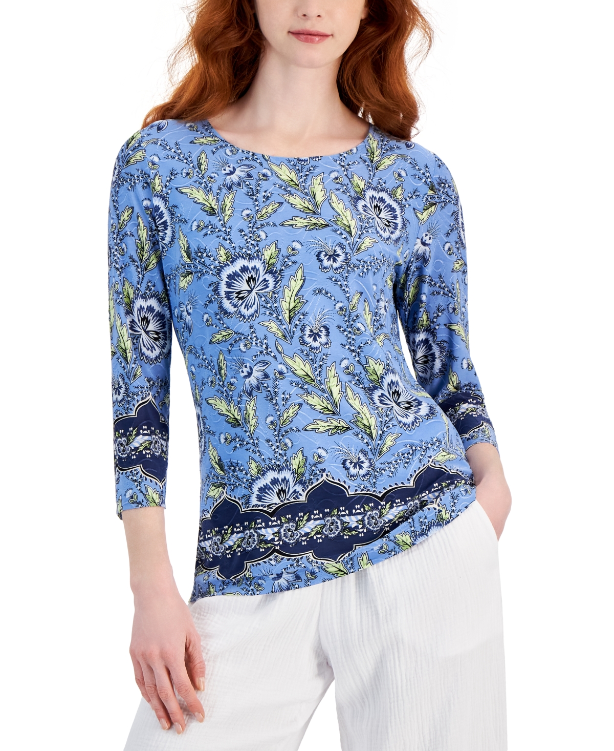 Shop Jm Collection Women's Printed Jacquard Knit Top, Created For Macy's In Watery Blue Combo