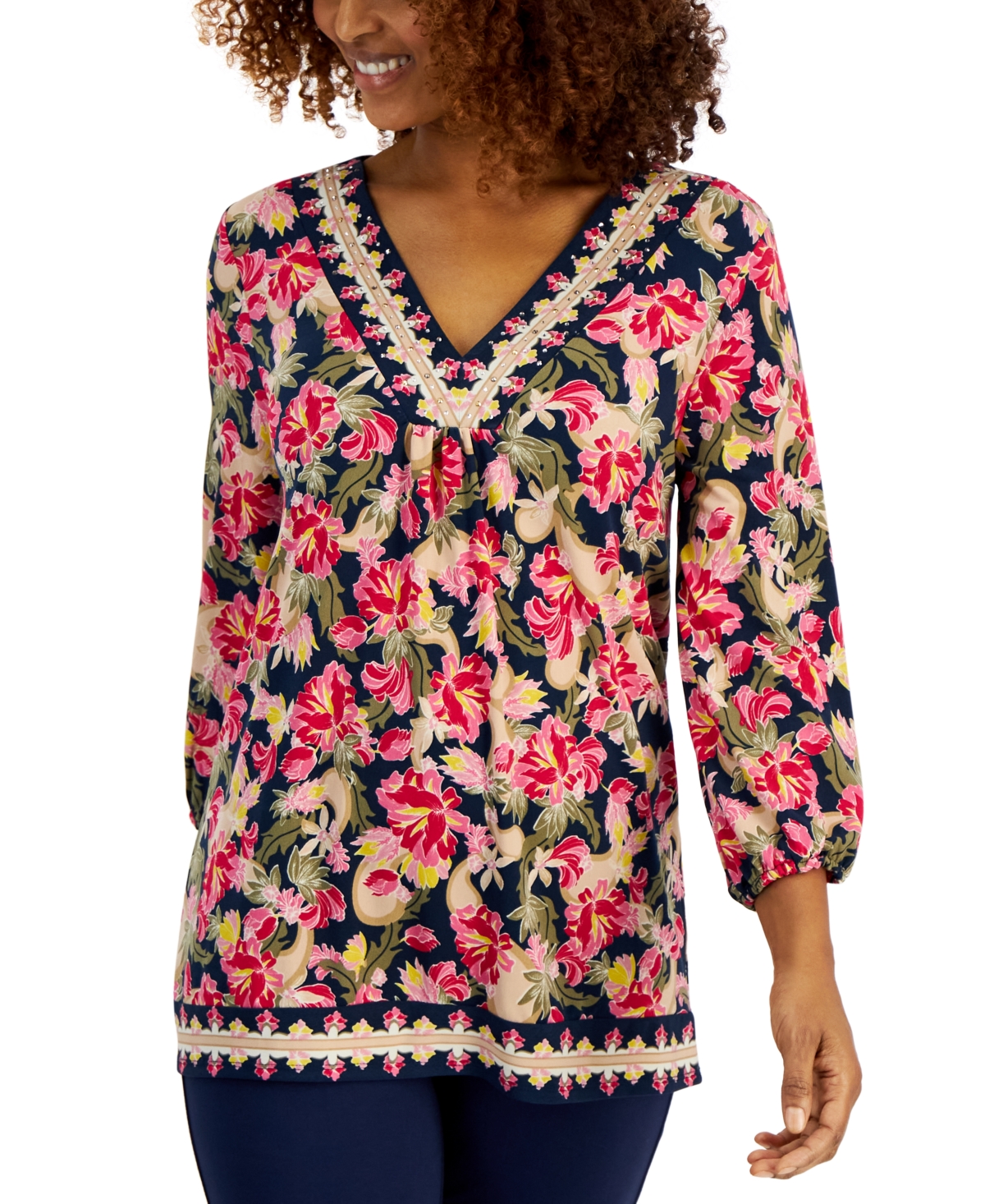 Petite Floral V Neck 3/4-Sleeve Top, Created for Macy's - Intrepid Blue Combo