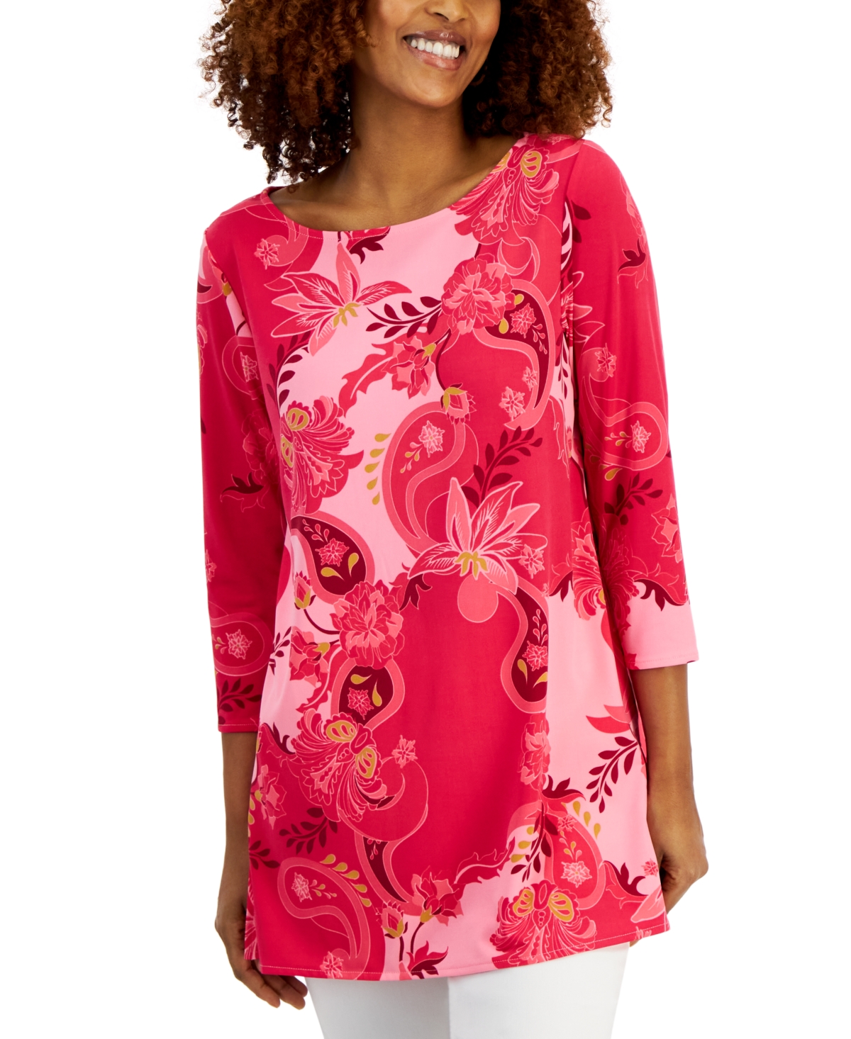 Petite Glamorous Garden 3/4-Sleeve Boat-Neck Top, Created for Macy's - Claret Rose Combo