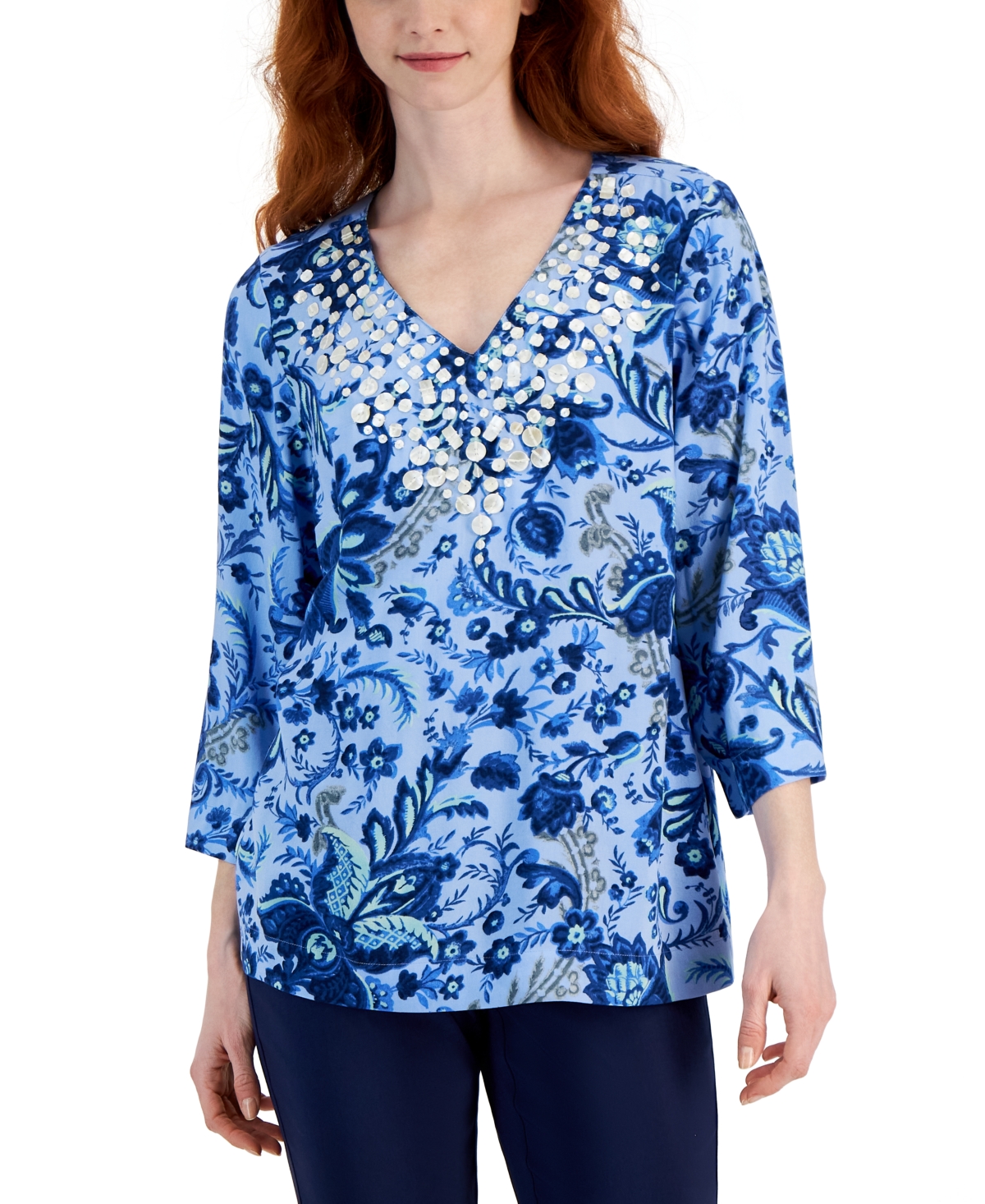 Shop Jm Collection Women's Printed 3/4 Sleeve V-neck Embellished Top, Created For Macy's In Watery Blue Combo