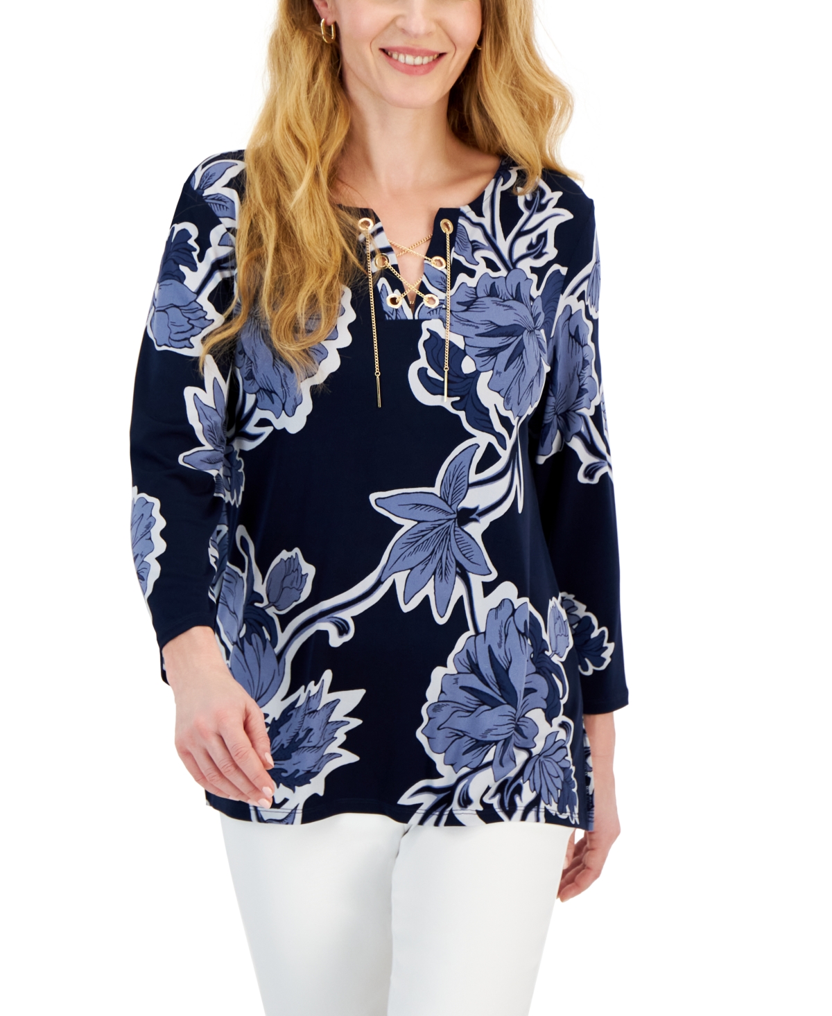 Jm Collection Women's 3/4 Sleeve Printed Chain Lace-up Tunic, Created For Macy's In Intrepid Blue