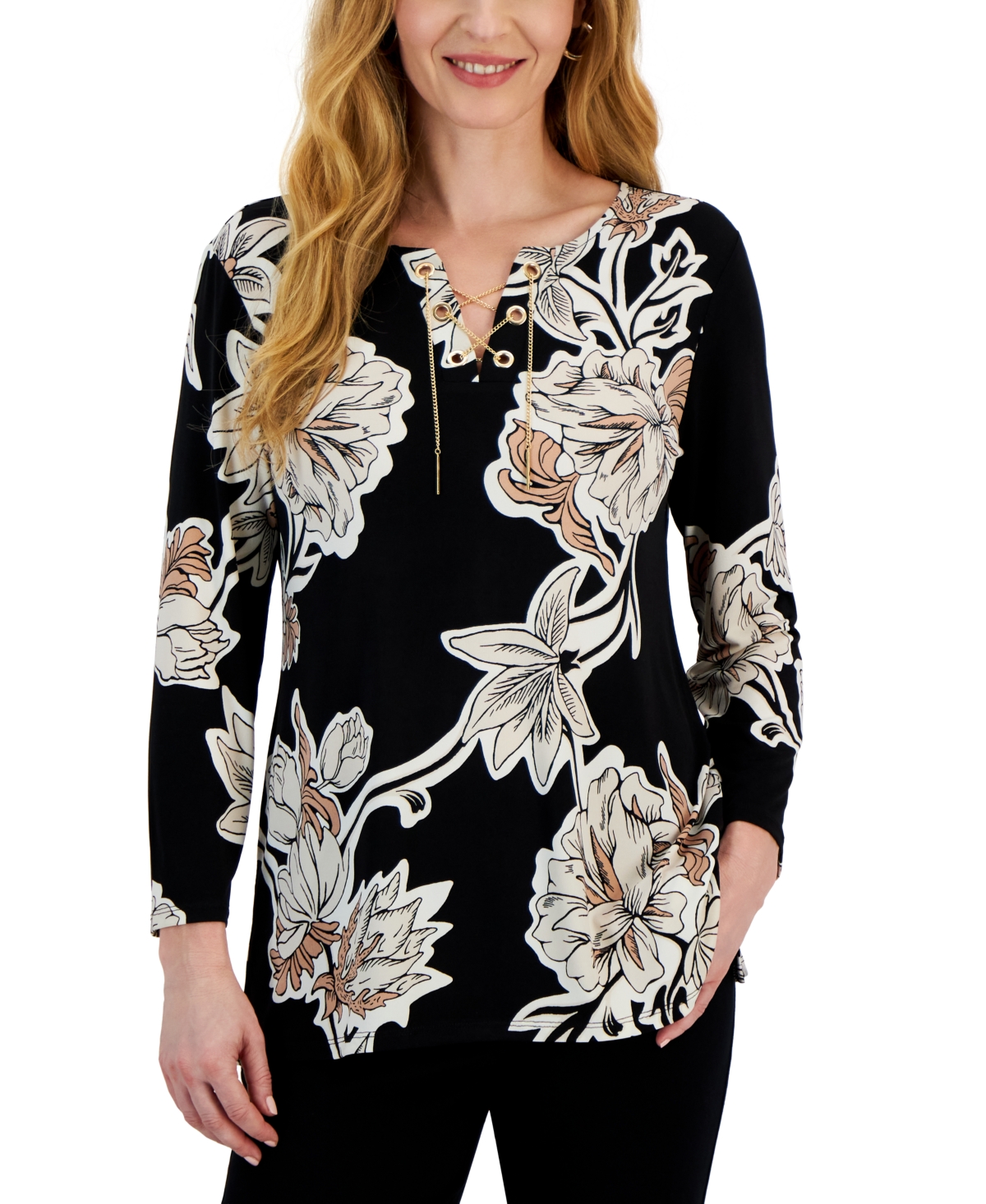 Jm Collection Women's 3/4 Sleeve Printed Chain Lace-up Tunic, Created For Macy's In Deep Black