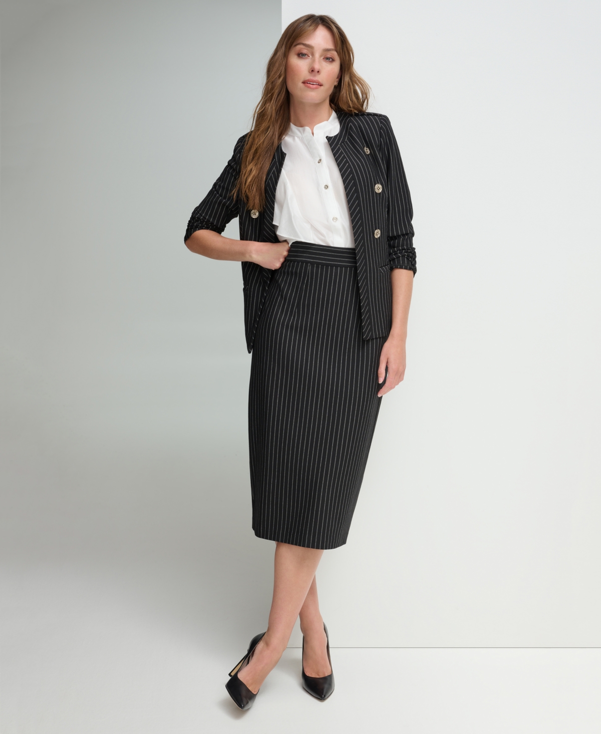 Shop Tommy Hilfiger Women's Striped Band-collar Jacket In Black,ivory