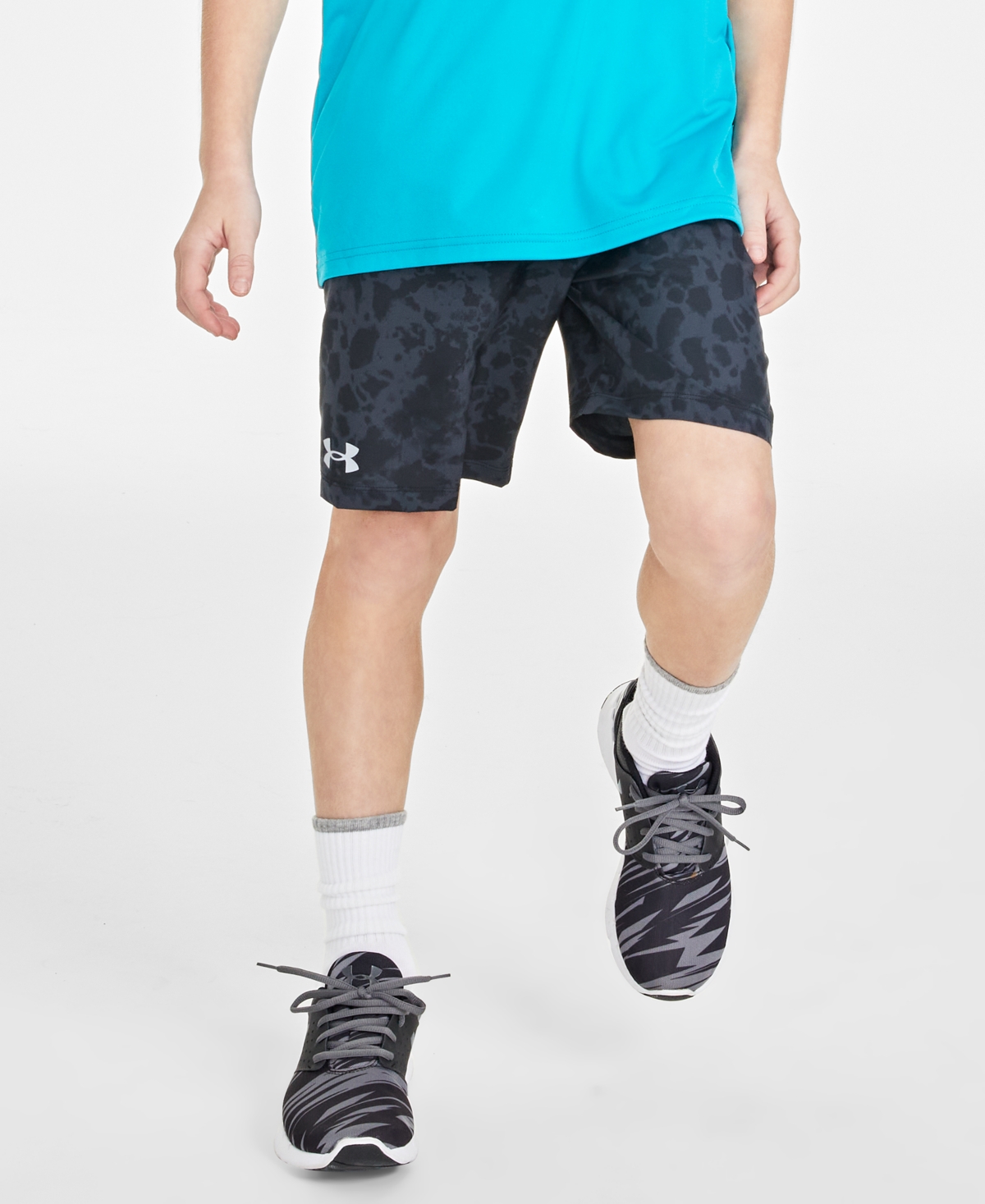 Shop Under Armour Big Boys Woven Printed Shorts In Black,mod Gray