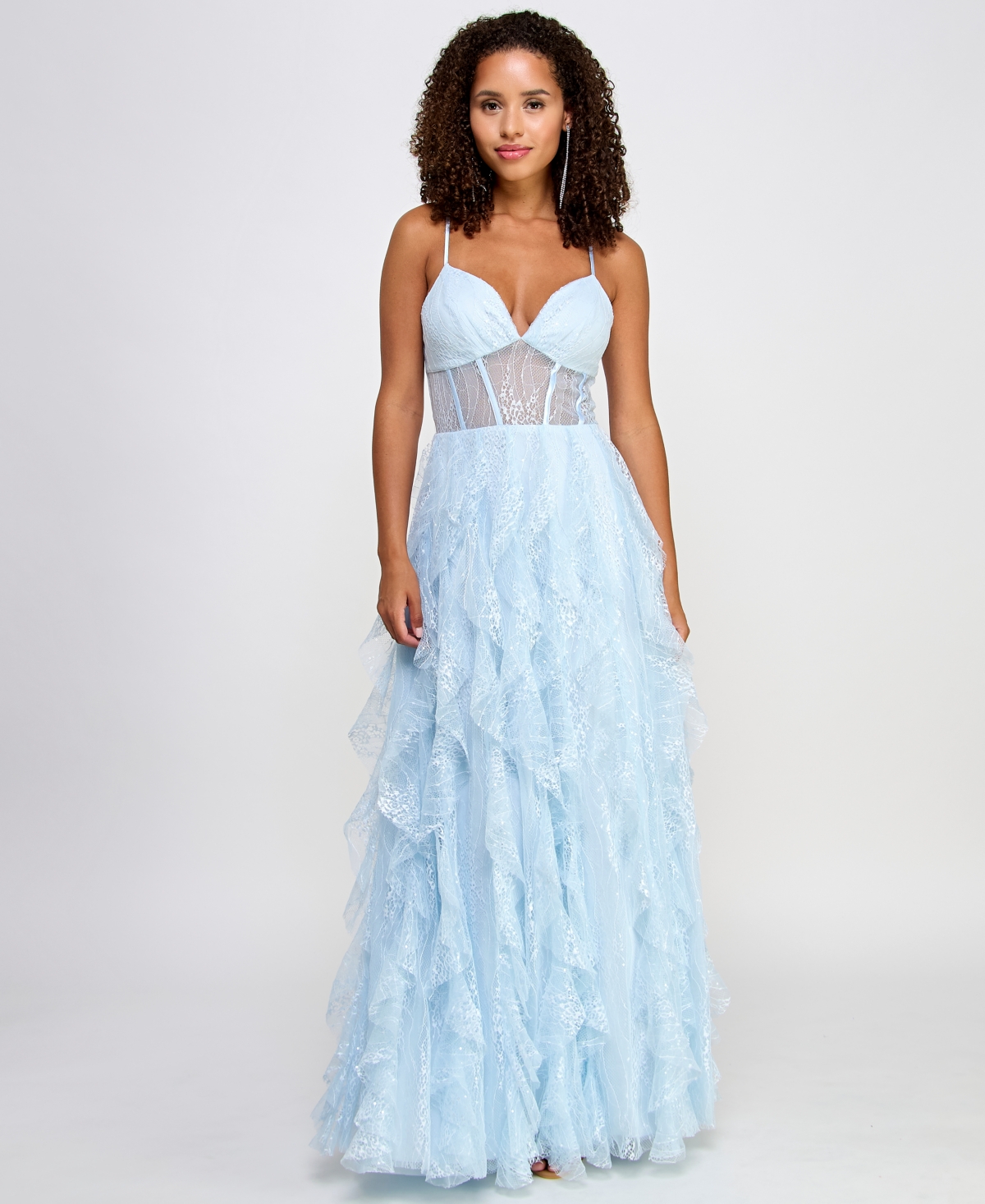 Juniors' Lace Corset Ruffled Gown - Blue