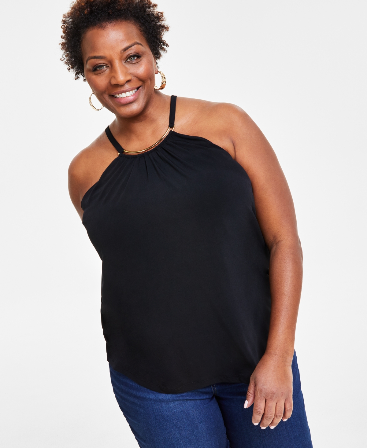 Shop Inc International Concepts Plus Size Hardware-trim Halter Top, Created For Macy's In Deep Black